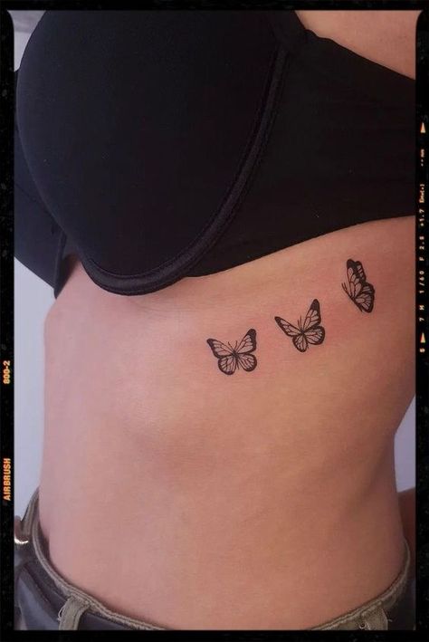 3 Butterfly Rib Tattoo, Rib Cage Tattoos For Women Butterfly, 3 Butterfly Tattoo Ribs, Butterfly Tattoo Chest Woman, Butterfly Hip Tattoos Women, Butterfly Ribcage Tattoo, Rib Butterfly Tattoo, Butterfly Tattoo On Ribs, Butterfly Underboob Tattoo