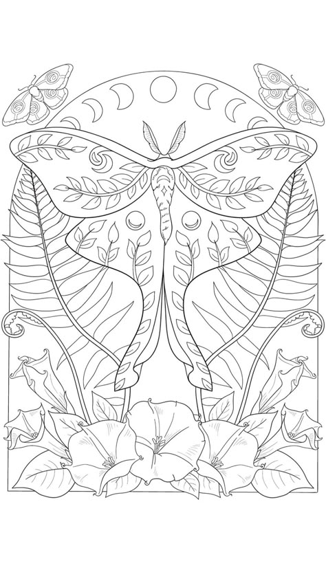 Luna Moth Coloring Page, Dnd Character Coloring Pages, Wicca Coloring Pages, Free Witchy Coloring Pages, Witchy Coloring Pages Free Printable, Dnd Coloring Pages, Mythical Creatures Coloring Pages, Cute Lineart, Witchy Coloring Pages