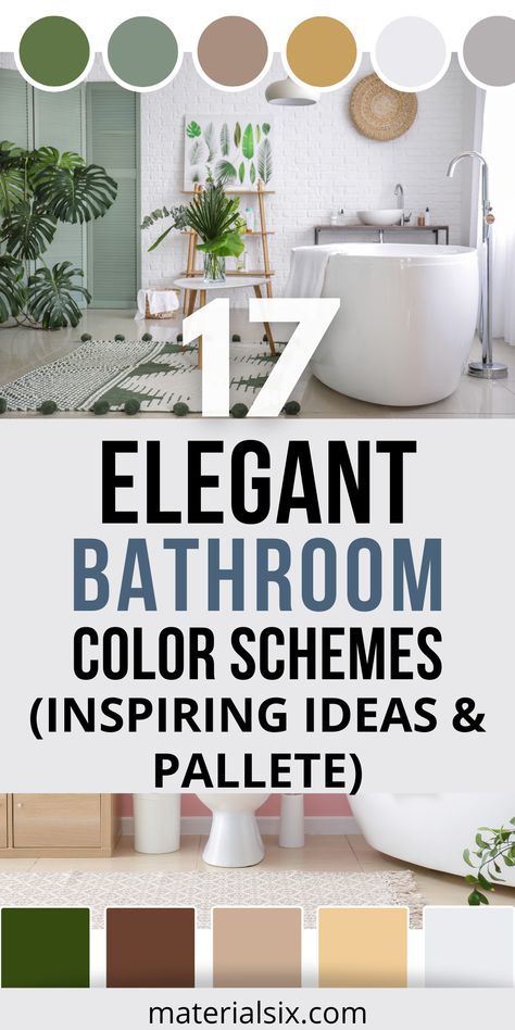 Find the perfect balance of style and comfort with our 17 bathroom color schemes. Designed to suit every taste, these palettes will bring a fresh and inviting look to your space. Mint Green And Gray Bathroom, White Bathroom Pop Of Color, Bathroom Design Palette, Bathroom Remodel Paint Color Schemes, Spa Bathroom Color Schemes, Bathroom Color Scheme Inspiration, Paint Ideas For Small Bathrooms, 2024 Bathroom Colors, Color Schemes For Small Bathrooms