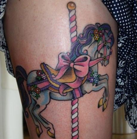 http://tattoomagz.com/awesome-horses-tattoos-designs/blue-horse-tattoo/ Carousel Horse Tattoos, Carnival Tattoo, Carousel Tattoo, Unicorn Tattoo, Horse Tattoo Design, Unicorn Tattoos, Traditional Tattoo Sleeve, Make Tattoo, Horse Tattoo