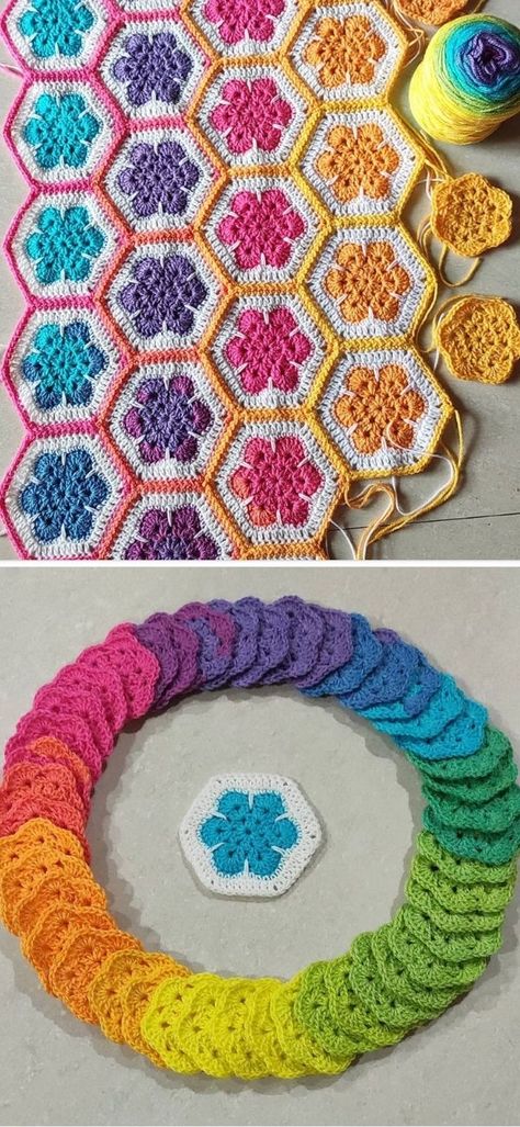 Hexagon Crochet Squares, Hexagonal Crochet Pattern, Crochet Year Projects, Crochet Octagon Pattern Free, Free Crochet Hexagon Pattern, Hexagonal Crochet Blanket, Octagon Granny Square Patterns, Crochet Honeycomb, Unique Crochet Blankets