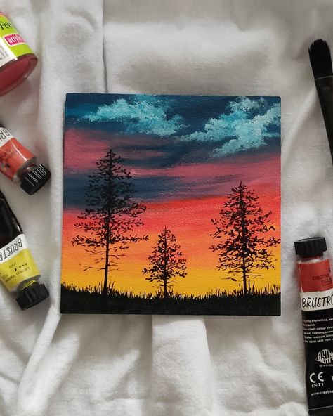 4x4 Acrylic Paintings, 4x4 Canvas Ideas Easy, Easy Nature Paintings On Canvas, 4x4 Canvas Paintings, 4x4 Canvas Ideas, 4x4 Canvas Painting Ideas, Diy Canvas Art Easy, Acrylic Art Projects, Sky Art Painting