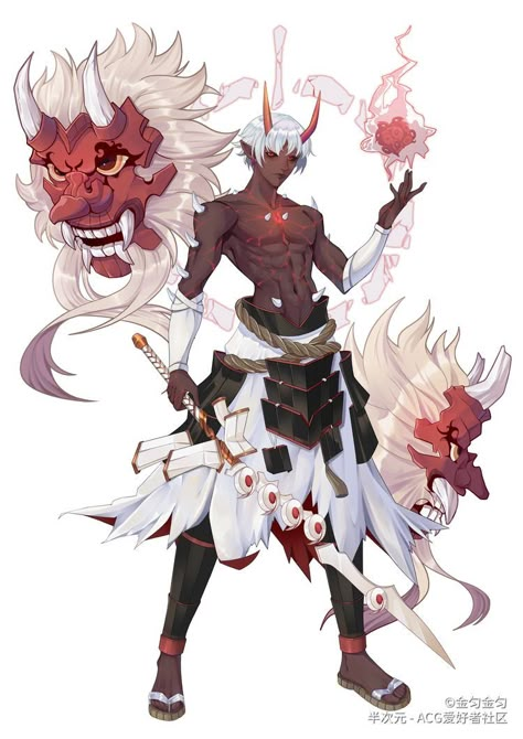 Anime Fanmade Characters, Mask Character Design, Oni Character Design, Character Design Inspiration Male, Oni Character, Character With White Hair, Male Demon, Kesha, Cool Characters