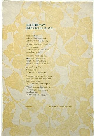 “Late Afternoon Over a Bottle of Sake” by John Brandi (from the Word Art Poetry Broadside Portfolio) Broadsides Poetry, Poetry Layout, Poetry Illustration, Poetry Book Design, Art Poetry, Poetry Book, Publication Design, Late Afternoon, Lithography