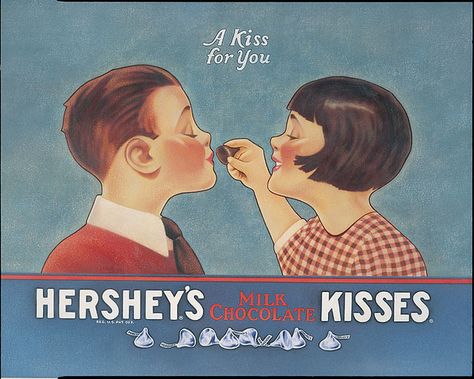 A Kiss for You; 1925-1950. Product packaging; Kisses; "A Kiss/ for You.HERSHEY'S MILK CHOCOLATE KISSES'; box wrapper, Item #128; 2 1/2 lbs; 1925-1950.   Accession: 87006B3F67.1  Contact Hershey Community Archives for more information about this image.  HersheyArchives.org. Via Flickr. Metal Lunchboxes, Retro Lunch Boxes, Lunch Box Thermos, Hershey Kisses Chocolate, Boxer Rebellion, Tin Lunch Boxes, Antique Things, Lunch Pail, Vintage Advertising Art