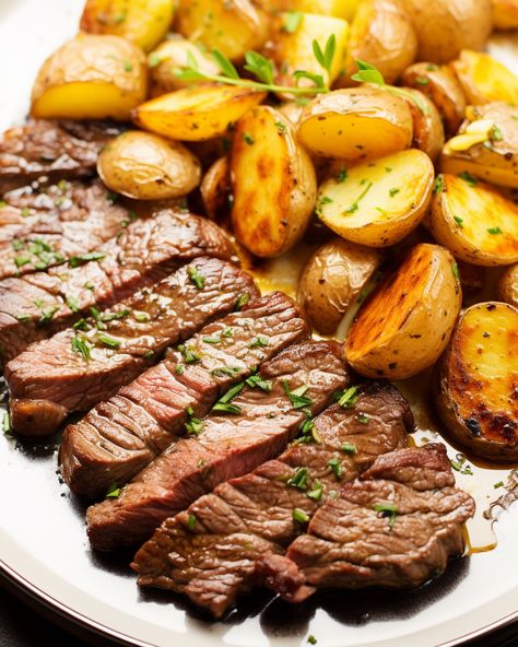 Sheet Pan Steak And Potatoes, Steak With Potatoes, Steak And Potatoes Skillet, Parmesan Crusted Steak, Garlic Butter Steak And Potatoes, Butter Steak And Potatoes, Breakfast Feast, Potatoes Skillet, Golden Potatoes