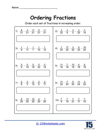 More Ordering 5 Fractions Worksheet - 15 Worksheets.com Ordering Fractions Worksheet, Fractions Worksheets Grade 3, Benchmark Fractions, Ordering Fractions, Writing Fractions, Comparing Fractions, Equivalent Fractions, Mathematics Worksheets, Math Sheets