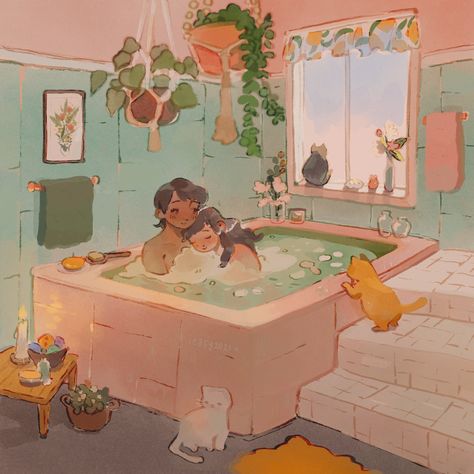 Take A Bath Together Couple, Bath Together Couples, Chill Illustration, Shato Illustrations, Couples Bathtub, Bathtub Illustration, Weird Pic, Gentle Aesthetic, Couple Bath