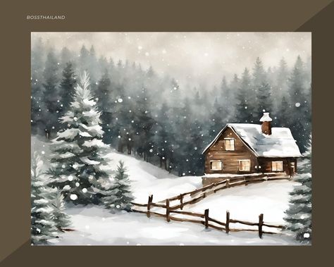 Winter Landscape Ideas, Christmas Landscape Painting, Winter Forest Painting Easy, Winter Cabin Painting, Snowy Forest Art, Christmas Tree Wall Art, Snowy Forest Painting, Snowy Cabin Painting, Snowy Cabin