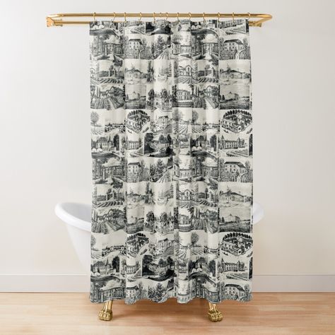 Get my art printed on awesome products. Support me at Redbubble #RBandME: https://www.redbubble.com/i/shower-curtain/French-Chateau-by-veraD58/104686815.YH6LW?asc=u Cowboy Bathroom Decor, Western Style Bathroom, Toile Shower Curtain, Cowboy Bathroom, Horse Shower Curtain, Desert Cowboy, Curtains For Bathroom, Farmhouse Shower Curtain, Bed And Bath