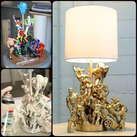 Have some toys lying around? You can turn those fond memories into a gorgeous piece of home decor. DIY Epic Lamp project can give old toys a new life. Geek Home Decor, Diy Home Decor For Apartments, Lamp Makeover, Diy Lampe, Farmhouse Side Table, Geek Decor, Cute Dorm Rooms, Ideas Hogar, Room Transformation