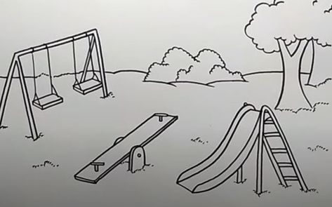 Playground Drawing Step by Step Playground Scene Drawing, Slide Drawing Playground, Playground Drawing Easy, Park Drawing For Kids, Seesaw Drawing, Playground Sketch, Playground Drawing, Speed Draw, 30 Day Drawing Challenge