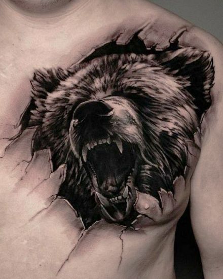 Bear Tattoos For Men Chest, Nature Chest Tattoos For Men, Chest Tattoo Cover Up Ideas, Chest Tattoo Bear, Grizzly Bear Tattoos For Men, Realistic Back Tattoo, Peck Tattoos For Men, Big Bear Tattoo, Half Chest Tattoo Men Ideas