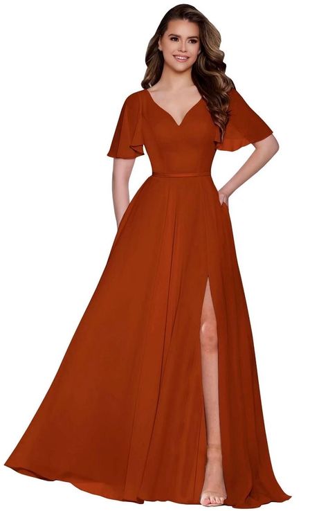 Bridesmaid Dress With Sleeves, Short Sleeve Bridesmaid Dress, Rust Bridesmaid Dress, Womens Bridesmaid Dresses, Dress Maroon, Bridesmaid Dresses With Sleeves, Dress 2022, Maid Of Honour Dresses, Floor Length Chiffon Bridesmaid Dresses