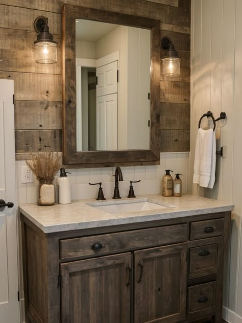 Farmhouse bathroom ideas with a rustic, country-inspired design, featuring distressed wood vanities, shiplap walls, and vintage-inspired faucets. #BathroomIdeas #BathroomDesign Rustic Farmhouse Bathroom, Shiplap Bathroom, Cabin Bathroom, Cabin Bathrooms, Rustic Bathroom Designs, Bathroom Farmhouse Style, Casa Country, Bathroom Farmhouse, Rustic Bathroom Decor