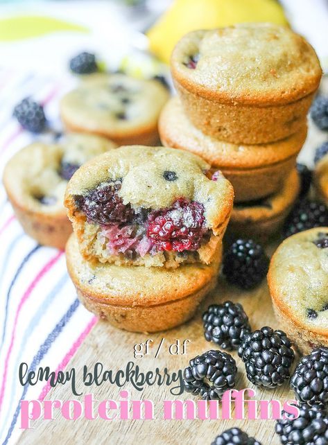 Lemon Blackberry Protein Muffins (Gluten Free, Dairy Free) Protein Muffins Gluten Free, Gluten Free Protein Muffins, Protein Muffin Recipe, Gluten Free Dairy Free Muffins, Blackberry Muffin, Protein Muffin Recipes, Dairy Free Protein, Muffins Gluten Free, Protein Bars Homemade