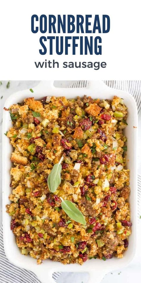 The Best Ever Cornbread Sausage Stuffing has a sweet and savory blend of cornbread, Italian sausage, sautéed vegetables, cranberries and herbs, all baked to golden brown deliciousness. It’s the perfect healthy side dish this holiday season! Cornbread Sausage Cranberry Stuffing, Cornbread And Sausage Stuffing, Cranberry Cornbread Stuffing, Best Ever Cornbread, Sausage Cornbread Dressing, Cornbread Sausage Stuffing, 2023 Thanksgiving, Cornbread Stuffing Recipes, Sausage Cornbread Stuffing