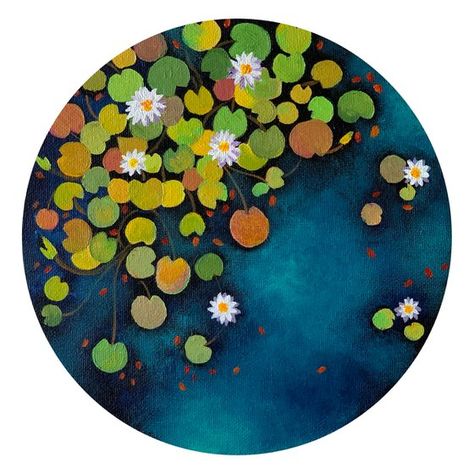 Red poppy field ! Small painting on paper | Artfinder Water Lilies Pond, Circular Canvas Painting, Round Canvas Painting, Painting Water Lilies, Painting Lotus, Lotus Flower Painting, Circular Canvas, Galaxy Sky, Pond Painting