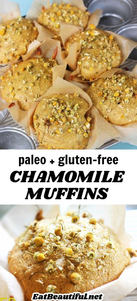 Chamomile Muffins are the most amazing texture and have a wonderful chamomile flavor! Easy, amazing recipe! | Eat Beautiful recipes | gluten free | paleo | muffins | chamomile | herbal food recipes || #chamomile #eatflowers #herbalrecipes #paleomuffins #glutenfree #muffins #paleo #muffins Chamomile Recipes Food, Herbal Food Recipes, Herbal Recipes Food, Chamomile Biscuits, Witchy Food Recipes, Witchy Recipes Food, Herbal Desserts, Chamomile Tea Cake, Herbal Baking