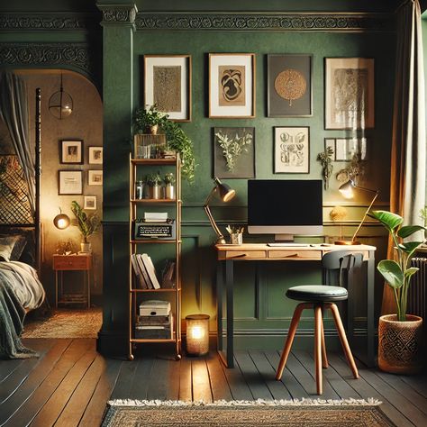 Office Aesthetic Green, Dark Green Home Office Ideas, Green And Gold Hallway, Dark Green Gaming Room, Enchanted Forest Office, Dark Green Office Ideas, Green Study Room, Dark Green Home Office, Green Office Ideas