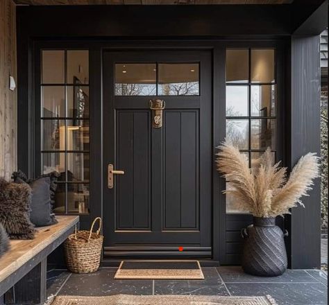 Black Double Front Door Entrance, Black Pillars On Front Porch, Farmhouse Black Front Door, Black Entry Door Interior, Modern Double Front Doors, Exterior Stone House, Front Doors Black, Black Front Door Ideas, Contemporary Front Porch