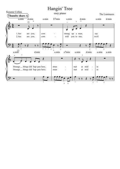 Hanging Tree Piano, Hanging Tree Hunger Games, Hunger Games Hanging Tree, Easy Piano Music, Hunger Games Mockingjay, The Lumineers, Easy Piano Sheet Music, Hanging Tree, Suzanne Collins