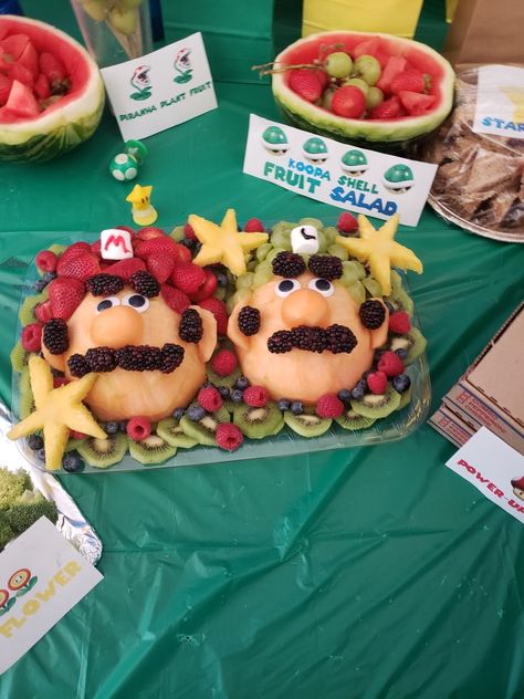 Mario And Luigi Birthday Party Food, Super Mario Jello Ideas, Super Mario Veggie Tray, Mario Food Party, Video Game Themed Party Food, Mario And Luigi Themed Birthday Party, Super Mario Birthday Food Ideas, Mario Bros Party Food Ideas, One Year Old Mario Party