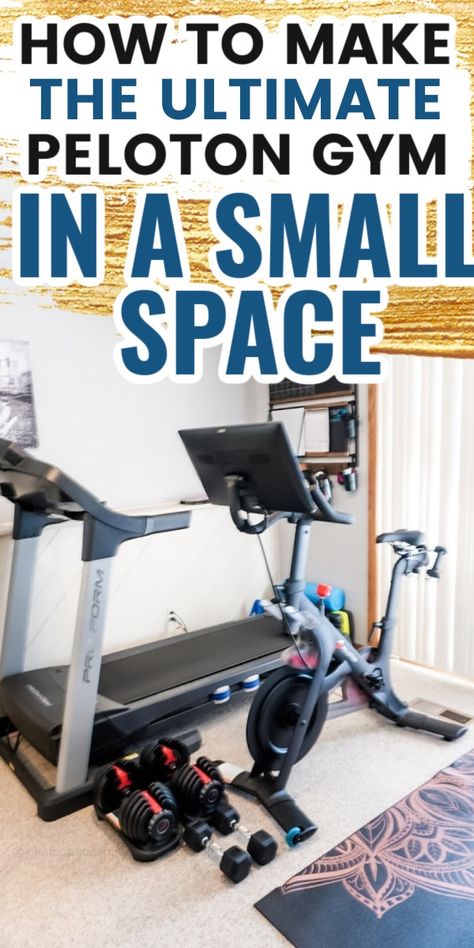 Everything you need to get started on creating your own Peloton home gym in a small space! Small Peloton Room, Small Gym Room Ideas, Peloton Treadmill, Peloton Home Gym, Small Gym Room, Peloton Room Ideas, Gym Room Ideas, Peloton Room, Home Treadmill