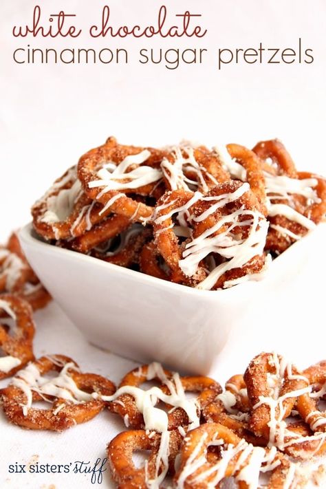 White Chocolate Cinnamon Sugar Pretzels Recipe / Six Sisters' Stuff Cinnamon Sugar Pretzels Recipe, Cinnamon Sugar Pretzels, White Chocolate Recipes, Six Sisters Stuff, Six Sisters, Pretzels Recipe, Chocolate Cinnamon, Snack Mix, Cinnamon Sugar