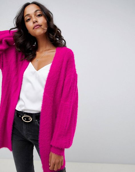 ASOS DESIGN cardigan in fluffy rib | ASOS Pink Cardigan Outfit, Hoc Winter, Winter Cardigan Outfit, Hot Pink Cardigan, Cute Spring Outfits, Cardigan Outfits, Pink Cardigan, Comfy Fashion, Fashion 2018