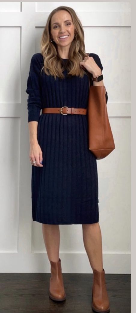 Navy Dress Brown Boots, Blue Dress Brown Boots, Navy Sweater Dress Outfit, Fall Denim Dress Outfit, Navy Dress With Boots, Dresses With Short Boots, Blue Dress With Boots, Dress With Ankle Boots Dressy, Cool Office Outfits