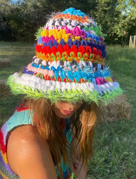 Playful Crochet Yarn Bucket Hat, Multicolor Crochet Bucket Hat For Festivals, Fun Handmade Crochet Bucket Hat, Handmade Multicolor Crochet Bucket Hat, Fun Crochet Bucket Hat, One Size Fits Most, Funky Crochet, Funky Hats, Colorful Hat, Beginner Crochet Tutorial