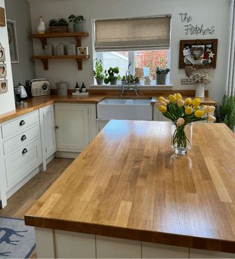 11 reasons wooden worktops are a good idea - Greenbank Interiors Wooden Worktop Kitchen Ideas, Kitchen Tiles Wooden Worktop, Dark Kitchen Wooden Worktop, Cream Kitchen Wooden Worktop, Kitchen Wooden Worktop, Solid Wood Kitchen Worktops, Kitchen Sink Wooden Worktop, Green Country Kitchen, Small Country Kitchens