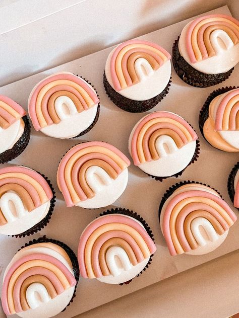 Rainbow Theme Desserts, Boho Birthday Food Ideas, Onederful Rainbow Birthday, Onederful Birthday Cupcakes, Boho 1st Birthday Theme, Groovy Party Cupcakes, Rainbow Boho Cupcakes, Boho Rainbow Party Food, Two Groovy Birthday Party Cupcakes