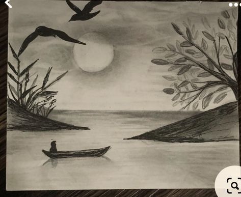 Nature Drawings Simple Sketch With Color, Painting With Pencil, Simple Nature Drawing, Bored Drawing, Make Drawing, Easy Scenery Drawing, Drawing Sunset, Landscape Pencil Drawings, Drawing Scenery