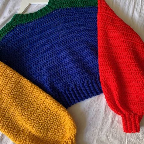 Colour Block Knit Sweater, Color Block Knit Sweater, Primary Color Crochet, Crochet Colorblock Sweater, Block Crochet Sweater, Color Block Crochet Sweater, Colourful Sweater, Crochet Rocks, Color Block Crochet