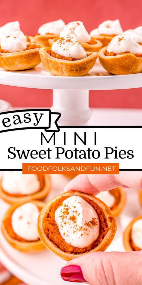 These Mini Sweet Potato Pies are made with premade pie crust, a perfectly spiced sweet potato filling, and topped with whipped cream or marshmallow fluff. via @foodfolksandfun Easy Baked Sweet Potato, Sweet Potato Pies, Mini Pie Crust, Potato Filling, Sweet Potato Souffle, Sweet Potato Cinnamon, Sweet Potato Pies Recipes, Pie Bites, Potato Pie