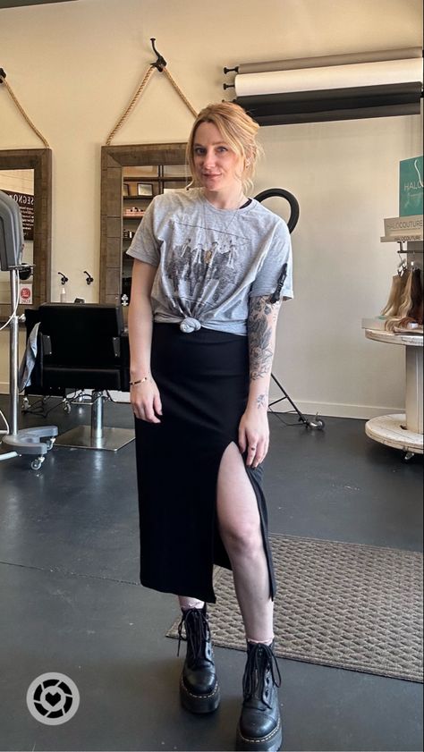 Edgy doc martin band tee midi skirt outfit LTK Aerie dress Edgy T Shirt Outfit, Long Skirt Band Tee Outfits, Midi Skirt Alternative Outfit, Cropped Band Tee Outfit, Oversized Band Tee Outfits, Aerie Dress, Band Tee Outfits, Open Back Midi Dress, Doc Martin