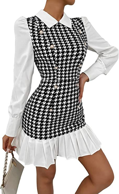 Autumn Fits, Houndstooth Dress, Knitted Bodycon Dress, Stylish Work Outfits, Polka Dress, Long Puff Sleeves, Dress For Short Women, Women Long Dresses, Hem Dress