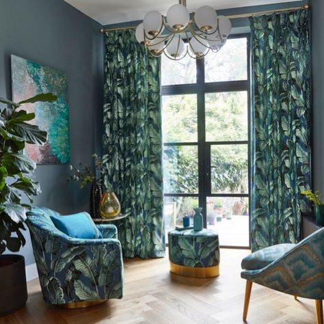 Curtain Trends, Indigo Curtains, Rainforest Canopy, New Living Room Ideas, Tropical Trend, Home Decor 2023, Basement Room, Maximalist Style, Maximalist Design