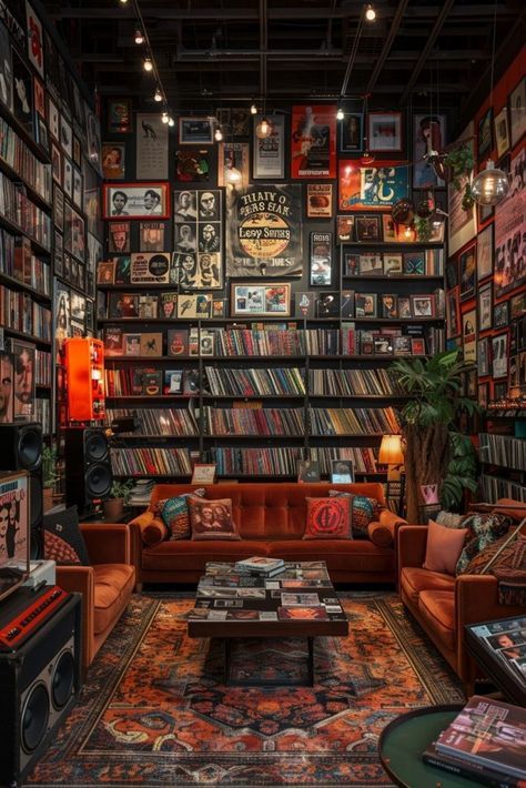 Music Interior Design Ideas, Retro Posters For Room Music, Vinyl Record Living Room, Record Shop Interior, Cozy Record Store, Record Collection Room, Audiophile Living Room, Cozy Music Room, Vintage Room Ideas Retro