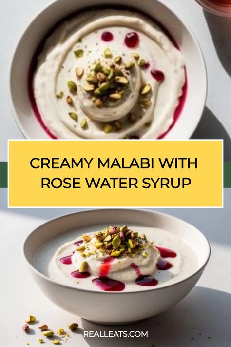 Creamy Malabi topped with rose water syrup and pistachios in a bowl. Milk Pudding, Measuring Ingredients, Eastern Cuisine, Dessert Ingredients, Creamy Desserts, Desserts Recipes, Rose Water, Home Recipes, Food Guide