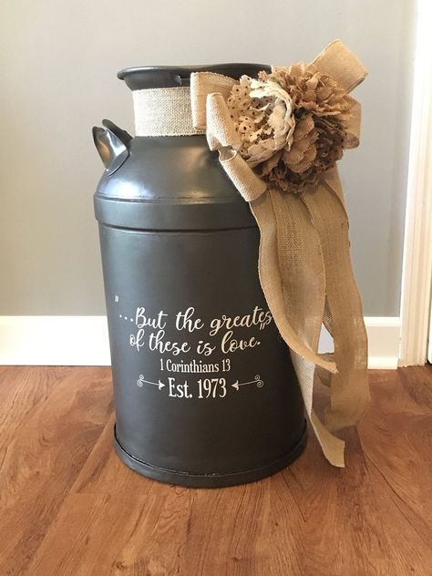 But the Greatest of these is Love 1 Corinthians 13 Decal for | Etsy Painted Milk Cans, Milk Can Decor, Antique Milk Can, Old Milk Cans, Door Vinyl, Vintage Milk Can, Porch Makeover, 1 Corinthians 13, Front Porch Decor