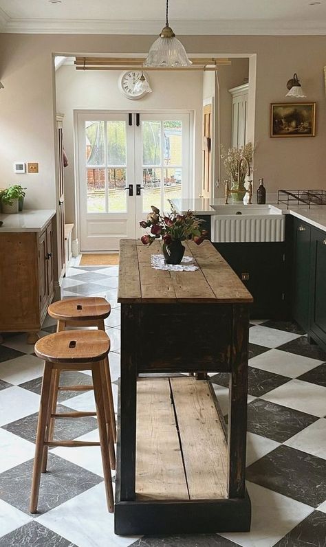 Checkerboard Floor Kitchen, Checkered Floor Kitchen, Floors Of Stone, Kitchen Flooring Options, Tudor Kitchen, Dream House Bedroom, Checkered Floor, Devol Kitchens, Kitchen Backsplash Ideas