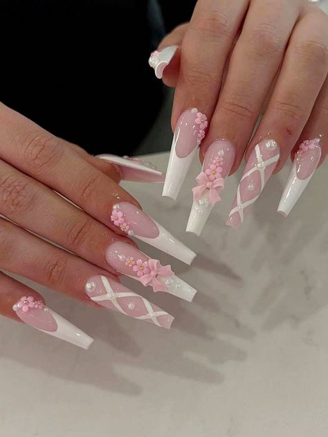 24pcs Long Square False Nails, White French Manicure With Pink Bows, Flowers, Pearls Nail Art + Jelly Gel + Nail File Press On Nails Nail SuppliesI discovered amazing products on SHEIN.com, come check them out! Fake Nail Tips, Nagel Tips, Nails Tips, Manicure Tips, Nail Remover, Coffin Press On Nails, New Nail Art, Nails Simple, Fake Nail