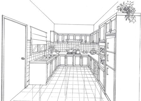 Kitchen One Point Perspective, Drawing With Perspective, Drawing Of Kitchen, Kitchen Perspective, 2 Point Perspective Drawing, Wet Kitchen, 2 Point Perspective, Dry Kitchen, 1 Point Perspective