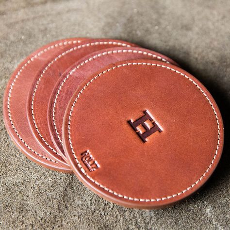 HoltzLeather Personalized Leather Gifts, Leather Coaster Set, Leather Coaster, Leather Hides, Tray Styling, Huntsville Alabama, Leather Coasters, Handmade Coasters, Personalized Coasters