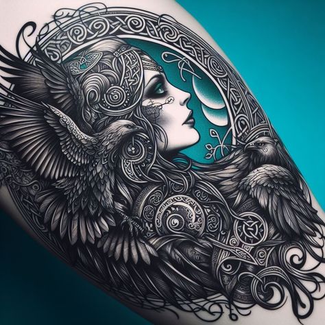 The Morrigan Tattoo, Morrigan Tattoo, Goddess Morrigan, Valkyrie Tattoo, The Morrigan, Forever Tattoo, Witch Wallpaper, Witchy Art, Celtic Tattoo