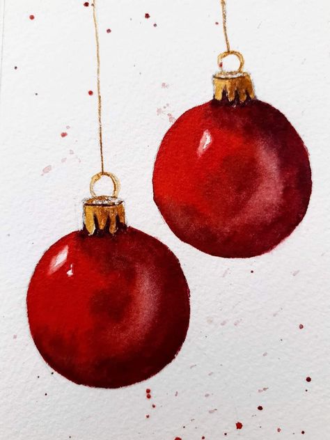 Christmas Bulb Drawing, Watercolor Christmas Bulbs, Christmas Balls Painting, Watercolour Ornaments, Christmas Ball Drawing, Christmas Cards Watercolour, Christmas Ornament Watercolor, Red Christmas Balls, Watercolor Christmas Cards Diy