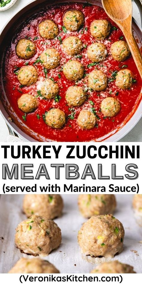 Turkey zucchini meatballs in tomato sauce in a skillet with a wooden spoon. Oven Baked Turkey, Turkey Zucchini Meatballs, Turkey Zucchini, Zucchini Meatballs, Comforting Dinner, Bake Zucchini, Baked Turkey, Quick Weeknight Dinners, Mediterranean Diet Recipes